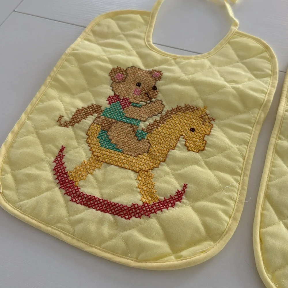 Vintage Cross Stitch Bid Bear Rocking Horse Sailboat Handmade 70s Yellow Quilted